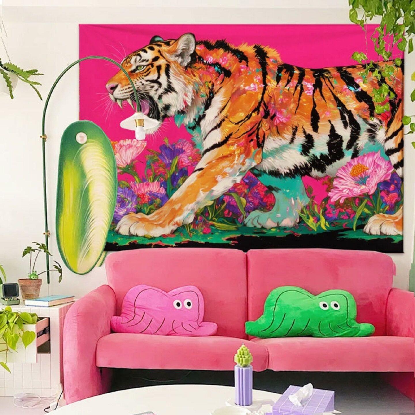 

Luxury Colorful Abstract Tapestry Wall Hanging Tiger And Flowers Artwork Decorative Living Room Horizontal Home Decor 74x94cm(29x37in)