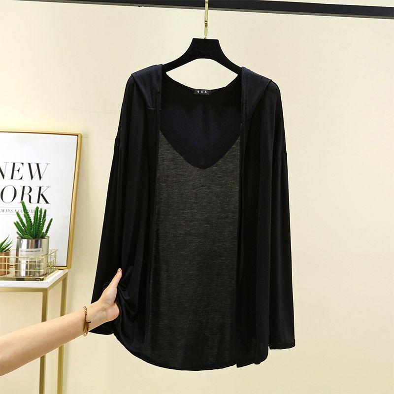 

Women s Modal Hooded Cardigan Summer Thin Long-sleeve Plus-size Cardigan Jacket Casual Sun-protection Top L чёрный