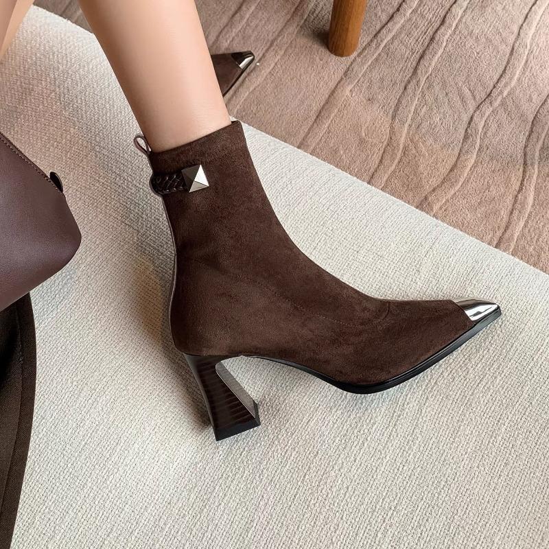 

Новый стиль Женские Задняя молния Дизайнерские Роскошные Дамские Резиновые Высокий каблук Острый Носок До щиколотки Рок Острый Носок Zapatos Mujer 40 коричневый