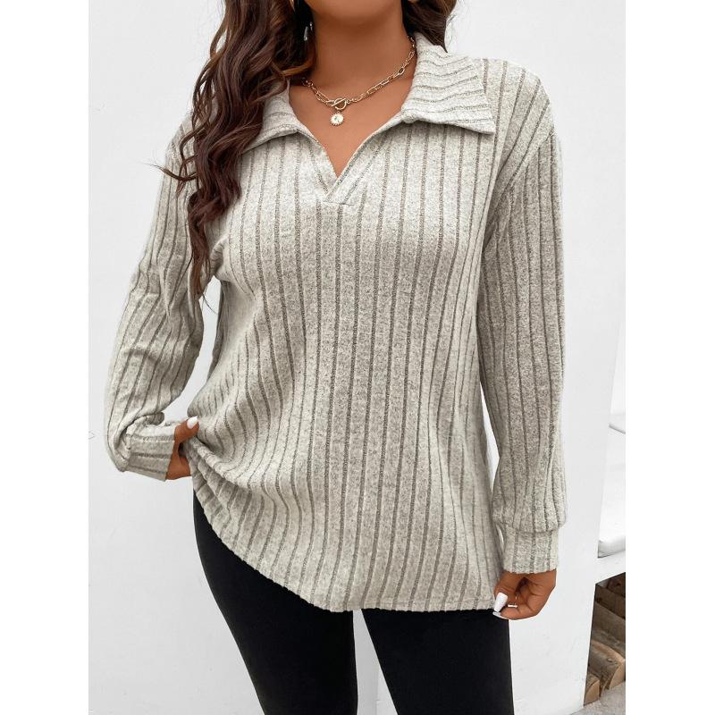 Plus Size T Shirt for Women Spring Fall Polo Collar Long Sleeve T-Shirt Female Casual Ribbed Knit Solid Tee Tops