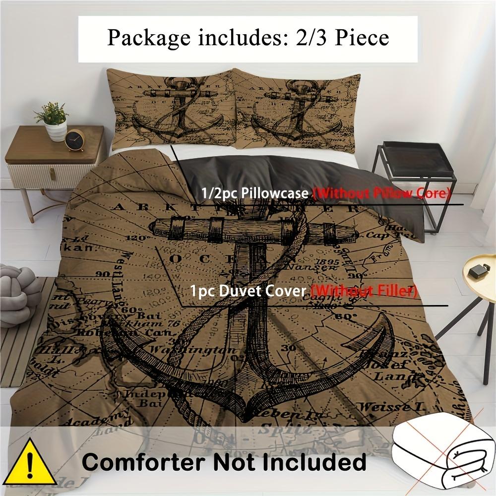 2/3pcs Navigation Anchor Pattern Duvet Cover Set, World Map Retro Comfortable And Breathable Bedding Decoration, Suitable