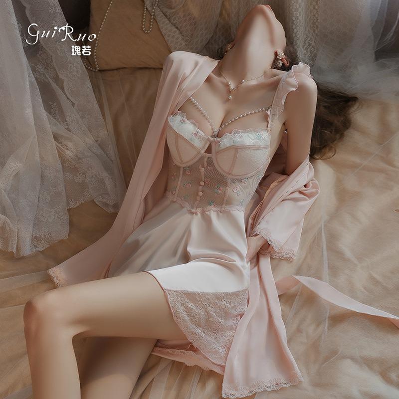 Hot perspective hollowed-out temptation backless deep V low chest plus chest pad nightdress robe loungewear set