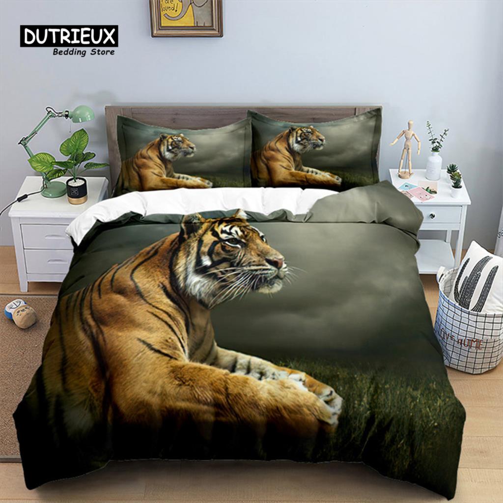 Tiger Duvet Cover Set Queen Size African Animal Bedding Set Tropical Wild Animal Leopard Comforter Cover For Kids Adults Decor