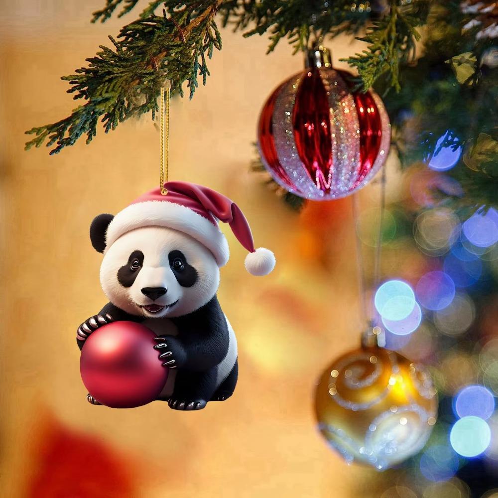 Creative 2D Christmas Panda Ornament Cute Acrylic Car Panda Pendants Cartoon Xmas Hanging Ornament New Years