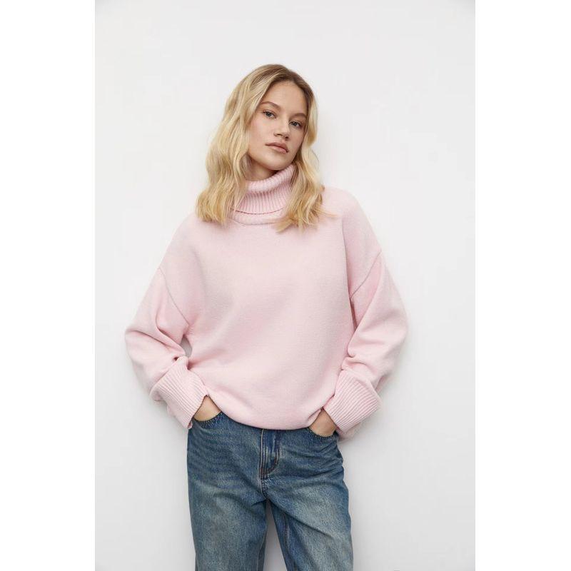

Western Style New Knitted Solid Loose Fall/Winter Turtleneck sweater Loose High Necked Sweater Pink L