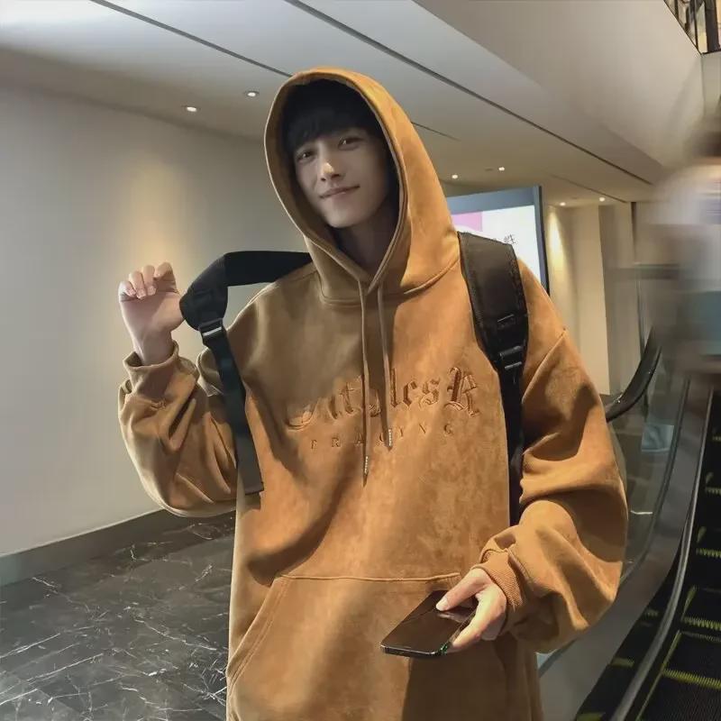 Мужская замшевая толстовка 2024 года Модная плотная свободная верхняя одежда с капюшоном и вышивкой XXL 2373₽