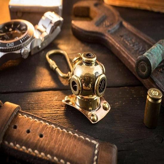Mini Brass Diving Helmet Keychain 2 Sets