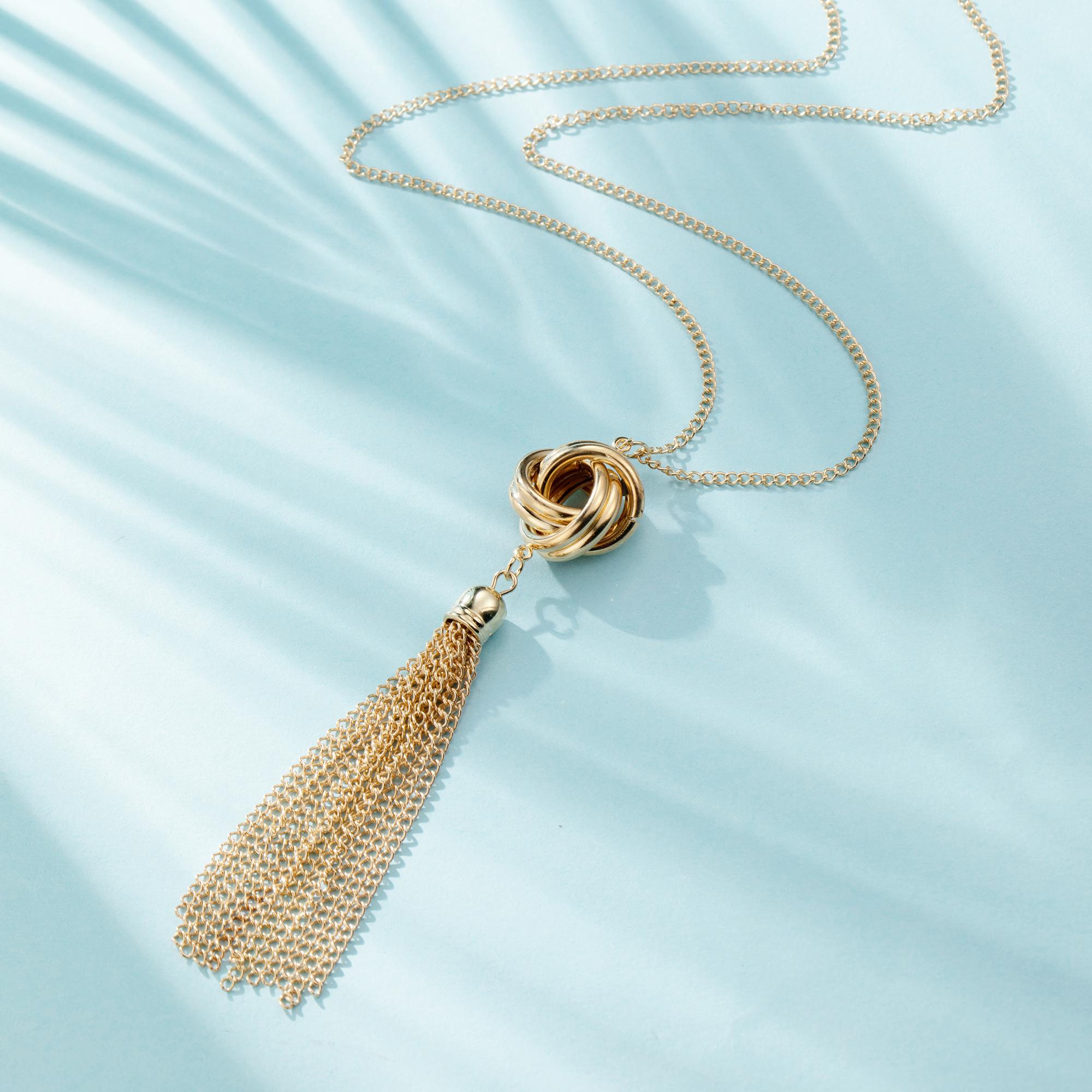 Long Tassel Necklace Silver and Gold Tone Lovely Knot Tassel Pendant Knot Snake Chain for Women 10CM&Pendant Necklace