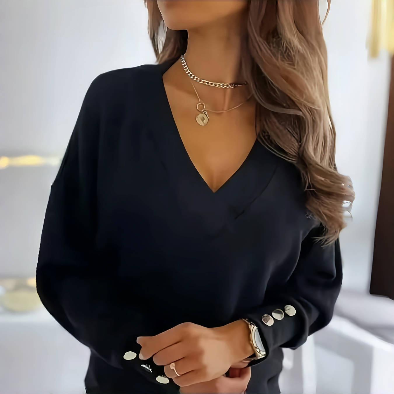 

Новинка 2023 года Женский вязаный топ однотонного цвета с V-образным вырезом и манжетами на пуговицах 9336 S чёрный