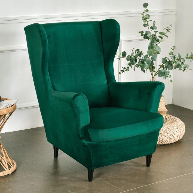 Bottle Green Velvet Elastic Wingback Armchair Cover [22E8]
