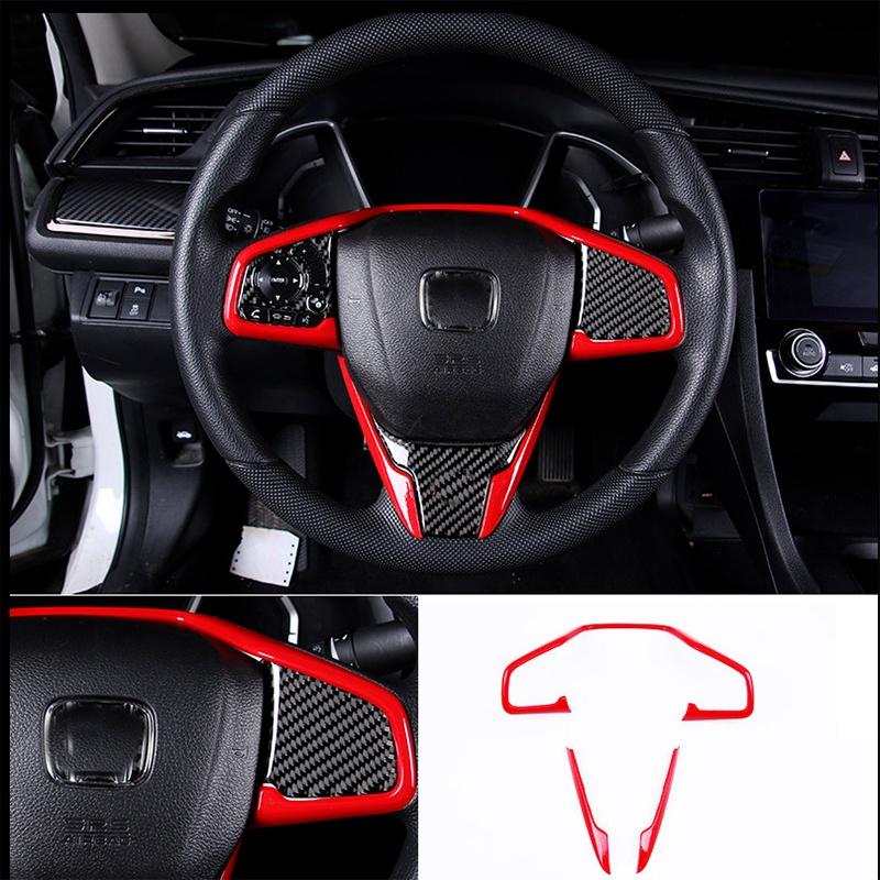 3Pcs Car Interior Steering Wheel Cover Trim Red Auto Interior Remodeling Decor for Honda Civic 10th 2016-2018
