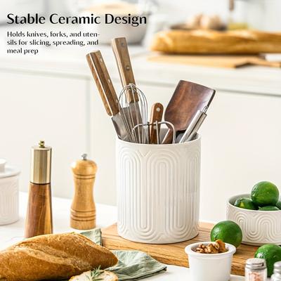 Ceramic Utensil Holder Organizer - Kitchen Countertop Storage Jar for Forks Spoons Knives, White Porcelain Canister, 1/2-Piece