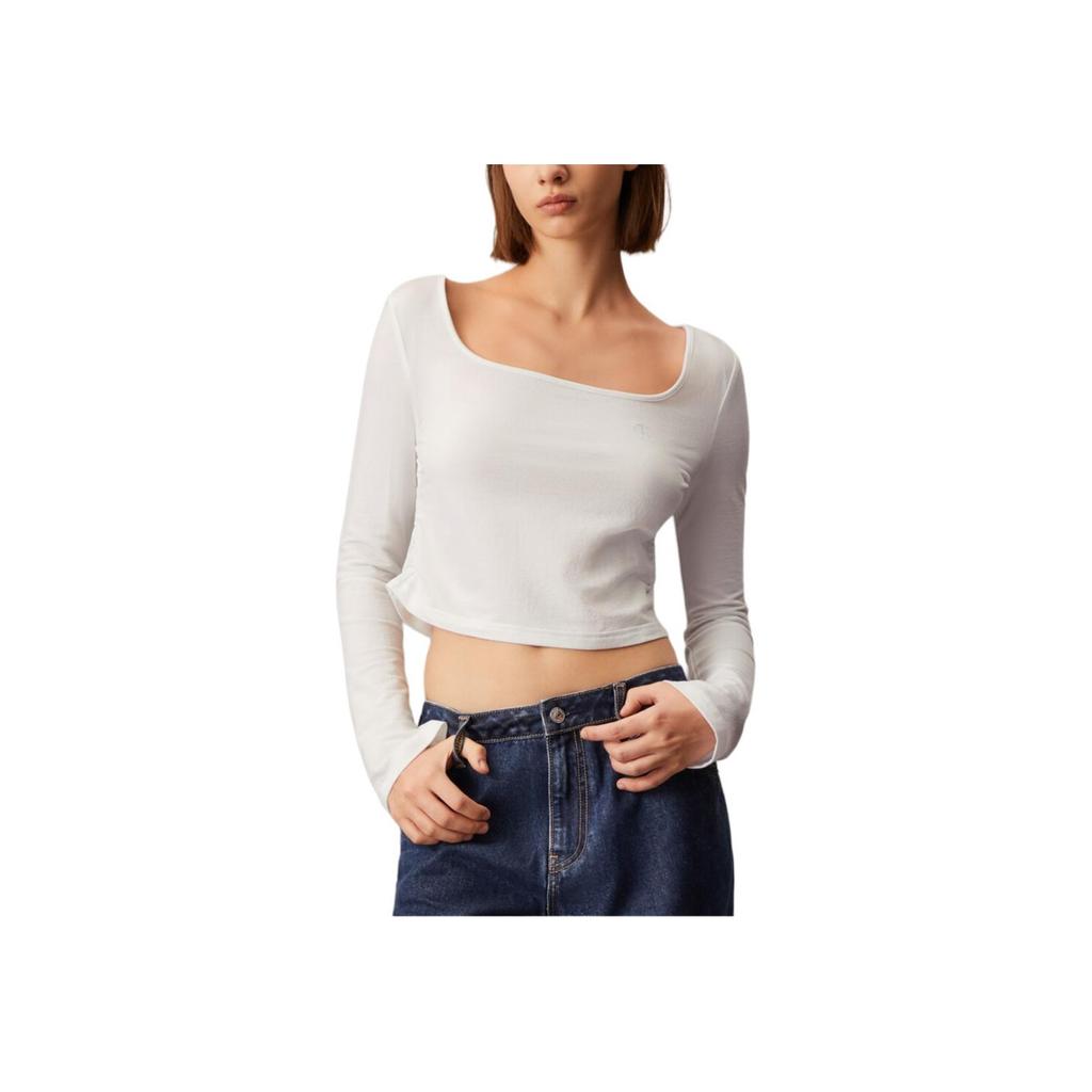 Calvin Klein Minimalist Comfortable Versatile Side Pleat Ribbed Knit Long Sleeve T-Shirt Women Tops Bright-White J225097-YAF