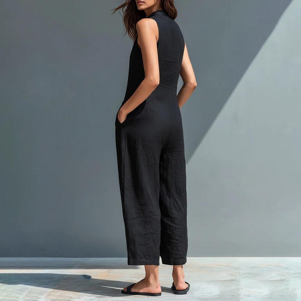 Tuta estiva da donna in cotone e lino senza maniche con bottoni, colletto alla coreana, vestibilità ampia, pezzo unico, tute con pantaloni lunghi a gamba larga, salopette con tasche