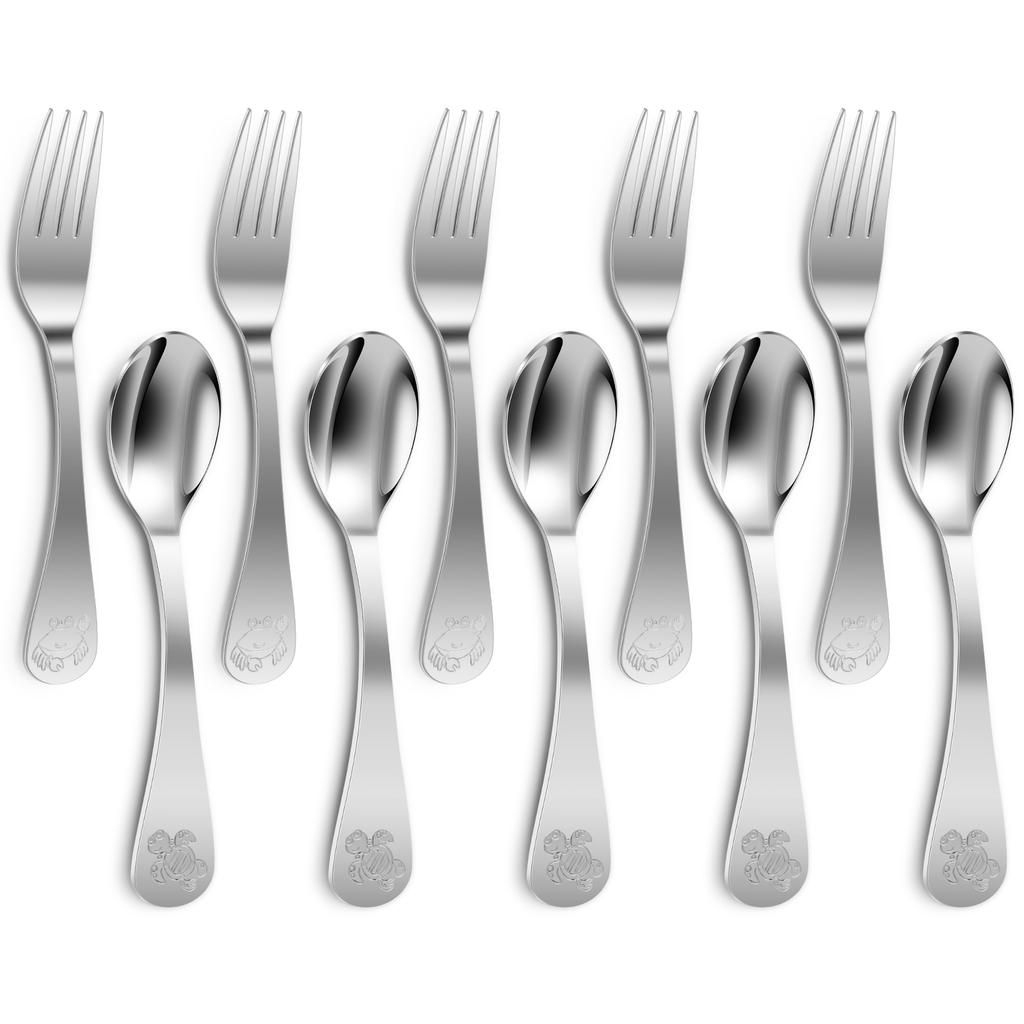 10 Pcs Kids Cutlery Set Stainless Steel Children Cutlery Kit Forks and Spoons Set Dessert Cake Fork Kids Silverware Kit for Home