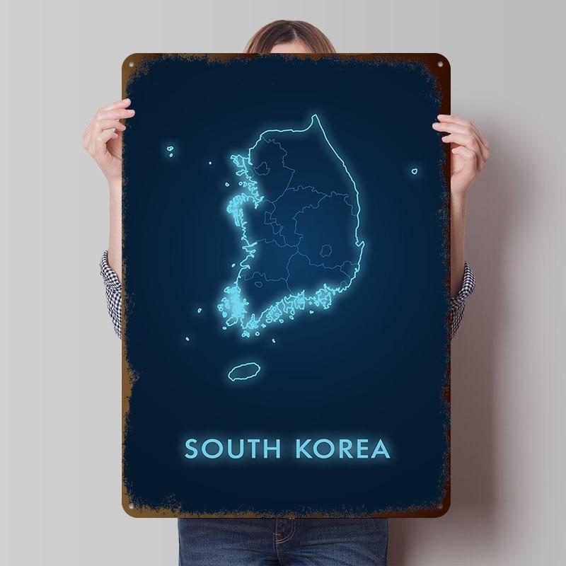 South Korea Neon Map Metal Poster Customized Wall Art Retro Vintage Tinplate Signs for Man Cave Gamer Room Decoration At Home