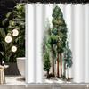 1pc Watercolor Style Pine Tree Illustration, Printed Shower Curtain Partition Curtain, Polyester Fabric, with 12 Hooks