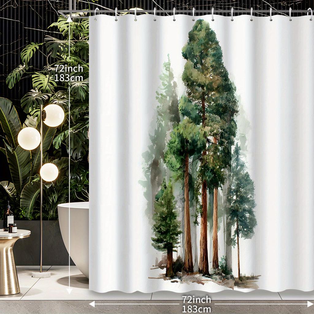 1pc Watercolor Style Pine Tree Illustration, Printed Shower Curtain Partition Curtain, Polyester Fabric, with 12 Hooks