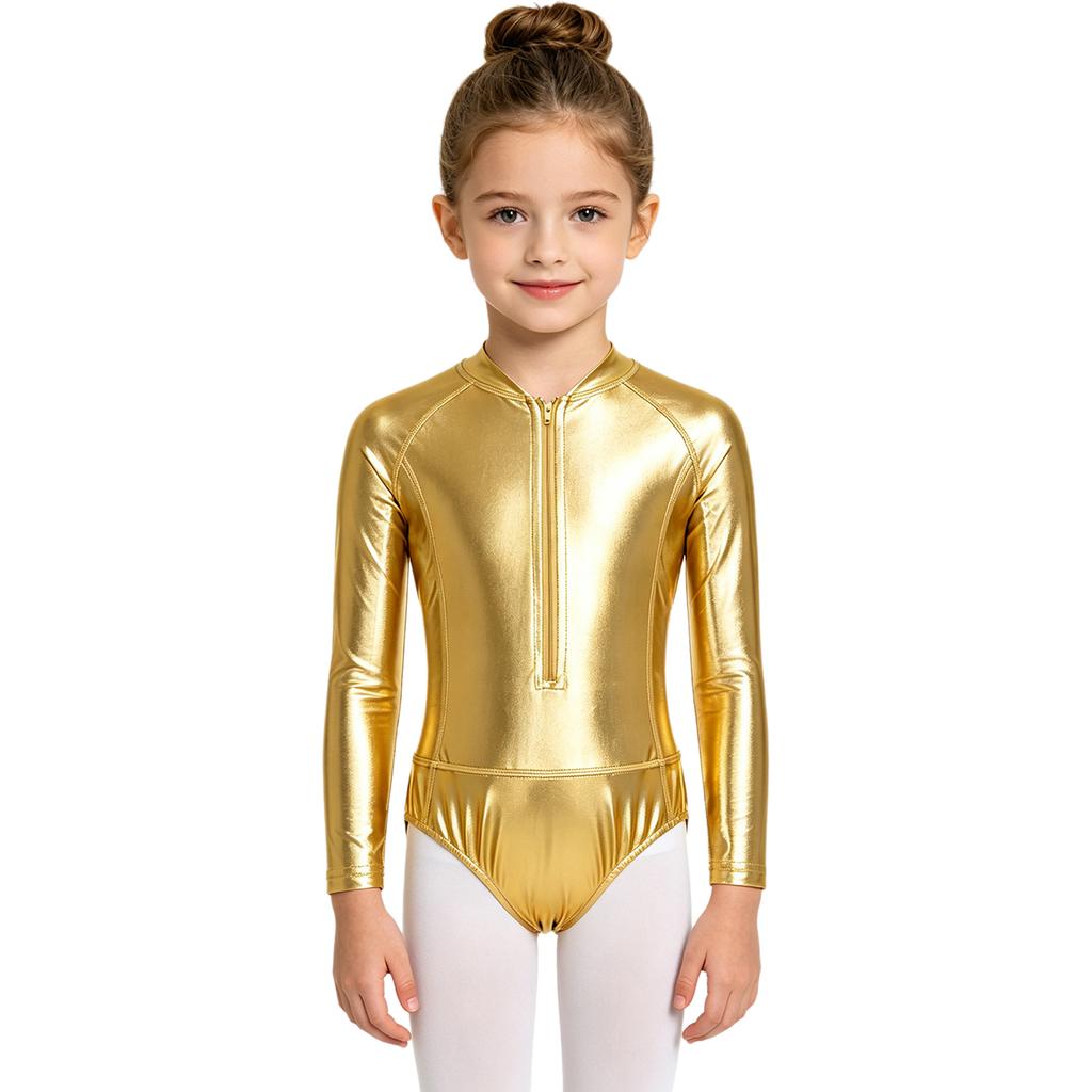 Kids Girls Zipper Metallic Leotard Long Sleeve Shiny Bodysuit for Jazz Dance Stage Performance Cosplay Theme Party Costume