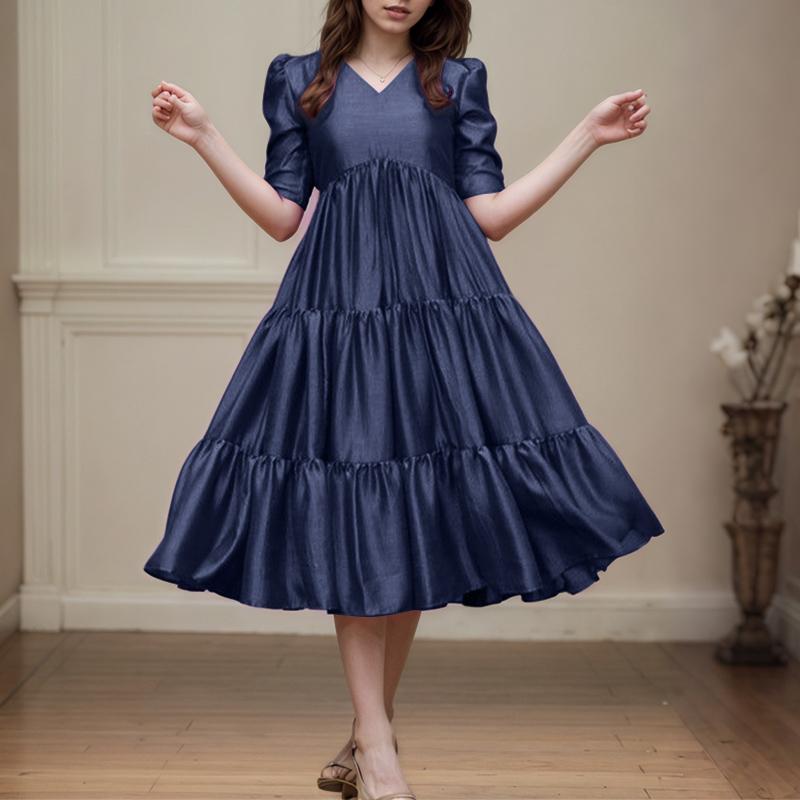 

ZANZEA Женское летнее повседневное платье с V-образным вырезом и короткими рукавами из сатина синий