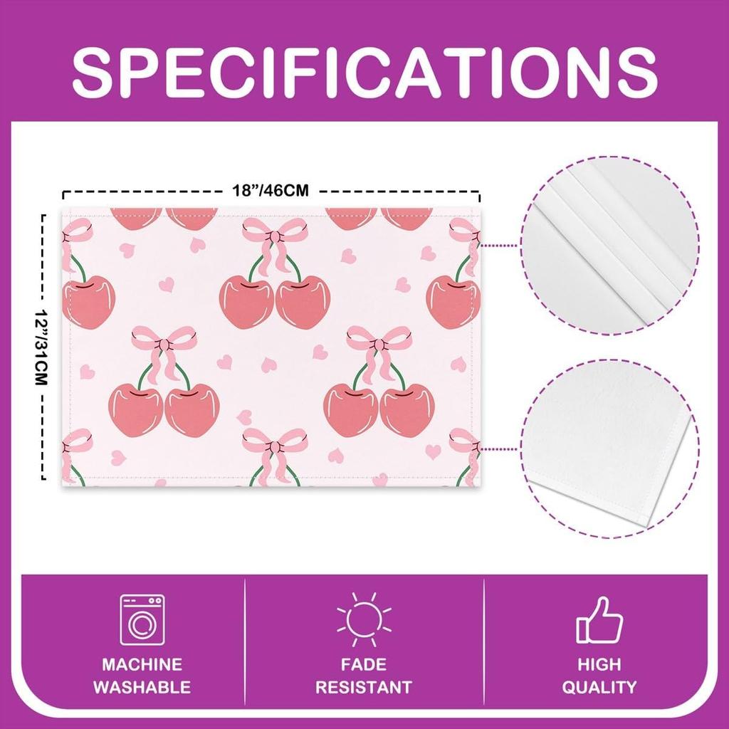 Girls Red Cherry Placemats Set of 4,Cute Bowknot Fruit Cherry Table Place Mats,Kids Girls,Princess Dreamy Placemat
