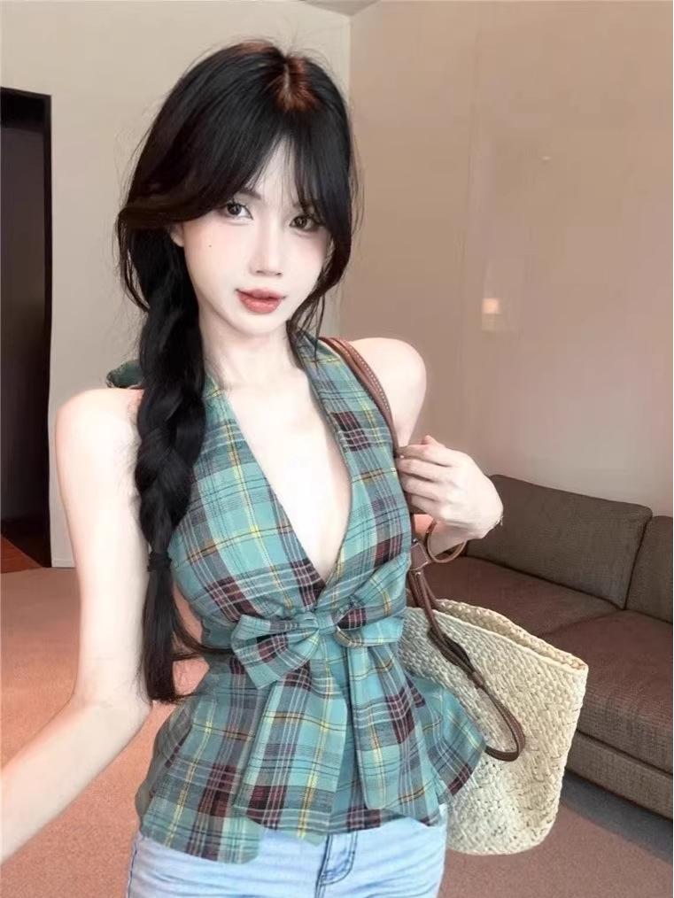 Sweet & Spicy Plaid V-Neck Halter Tank Top with Bow Knot - Women's Retro Summer Design.