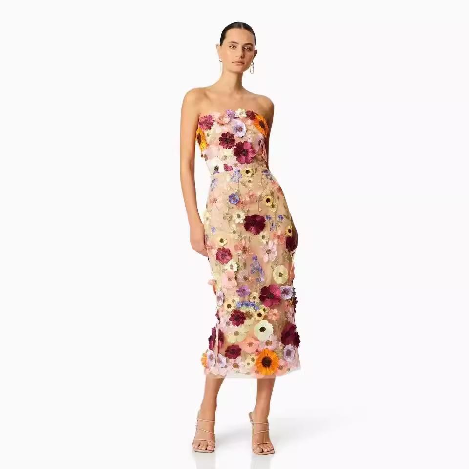 Spring clothing European and American sexy sleeveless color three-dimensional flower embroidery slim-fit hip tube top dress medium and long dress