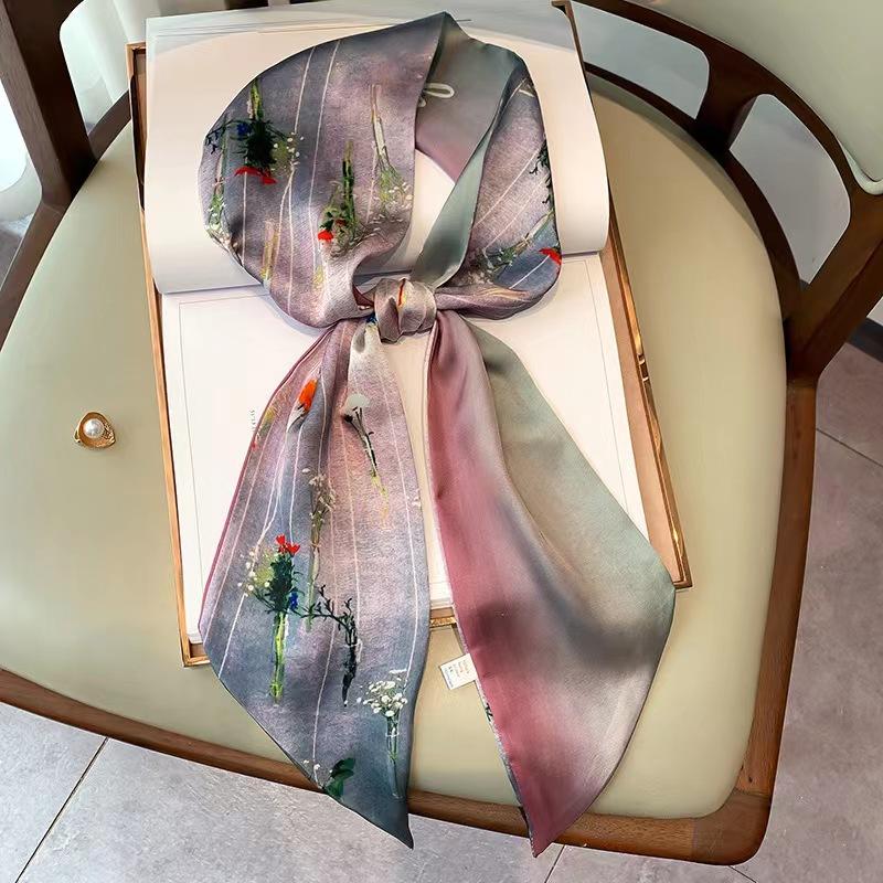 Luxury Design Silk Skinny Headwear Scarf Women Print Spring Neck Tie Hair Hand Bag Ribbon Wrist Belt Foulard Headband Lady