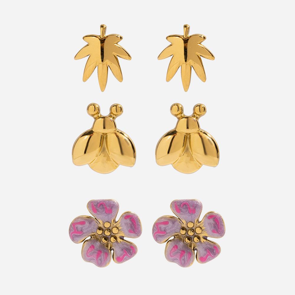 Sweet wind three-to-one card flower earrings, light luxury high-end insect 18K gold jewelry