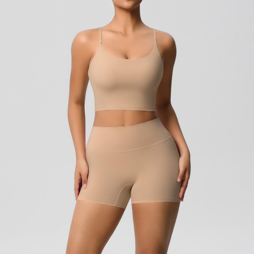 Women's Fashion Solid Color Back Top Tight Breathable Yoga Clothing Sports Running Fitness Shorts Set