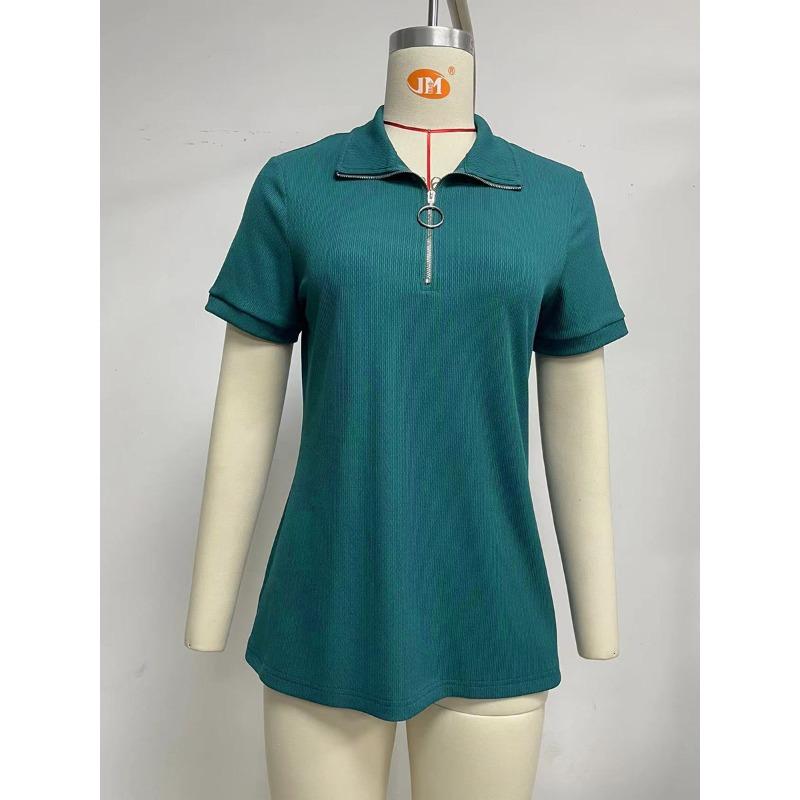 Camiseta feminina de verão, cor sólida, zíper, lapela, camiseta solta, top casual