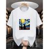 Oversized White Van Gogh Starry Night Black Cat Graphic Print Casual Short Sleeve T-Shirt Tee for Cat Lovers
