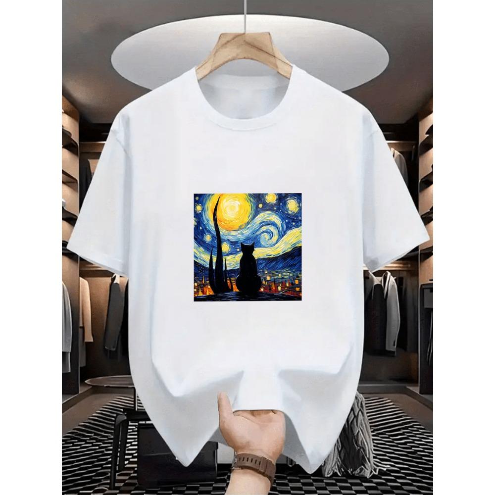 Oversized White Van Gogh Starry Night Black Cat Graphic Print Casual Short Sleeve T-Shirt Tee for Cat Lovers