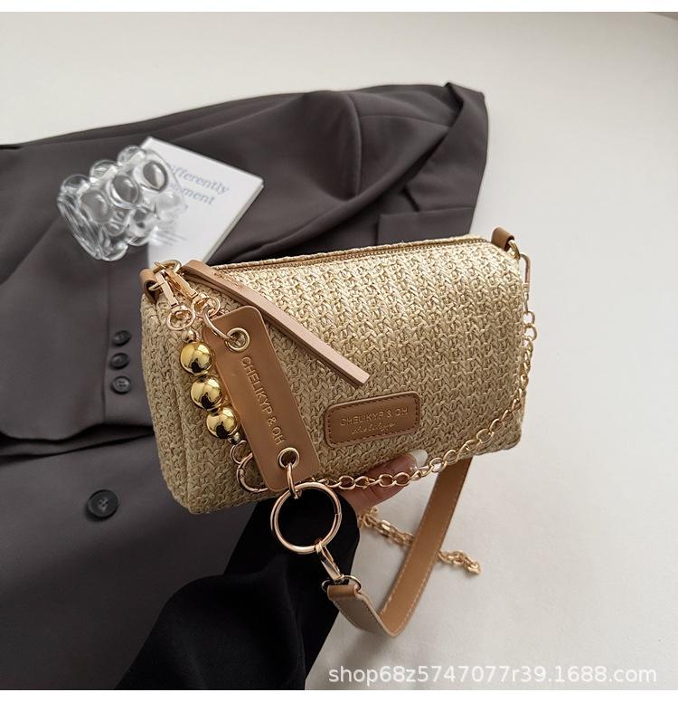 Straw bag women's bag 2025 new fashion chain messenger bag mini woven shoulder pillow bag rattan beach bag