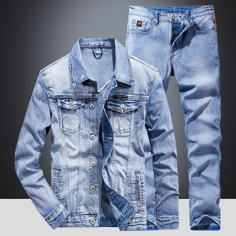 Men's Spring and Fall Denim Suit Wear-resistant Breathable Suit Denim Jacket + Jeans 2-piece Set