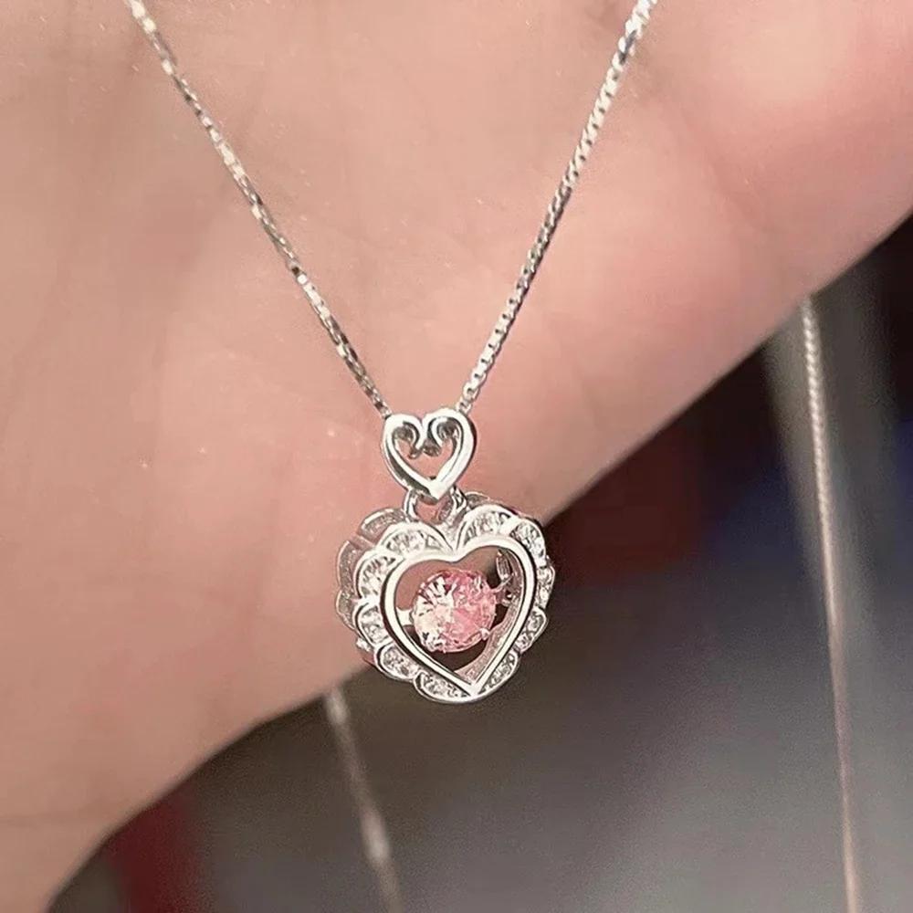 

Korea Pink Crystal Pendant Heart Necklace for Women Girls Chain Cute Love Simple Necklaces Fashion Zircon Gifts
