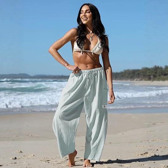 Women Plaid Wide Leg Pants High Waist Drawstring Elastic Waist Casual Loose Fit Cropped Trousers