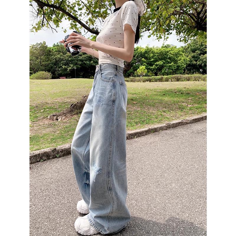 Spring/Summer 2024 Light Ripped High-Waist Wide-Leg Jeans for Women