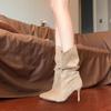 Pleated High-heeled Boots Spice Girl Stiletto Skirt Loose Pile Lazy Wind Boots Women's Pointed Head Medium Tube with Suede