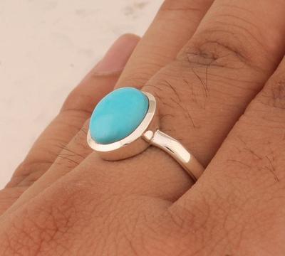 Solid 925 Sterling Silver Blue Turquoise Oval Gemstone Women Stacking Ring Unisex Gift Ring Jewelry Handmade Ring