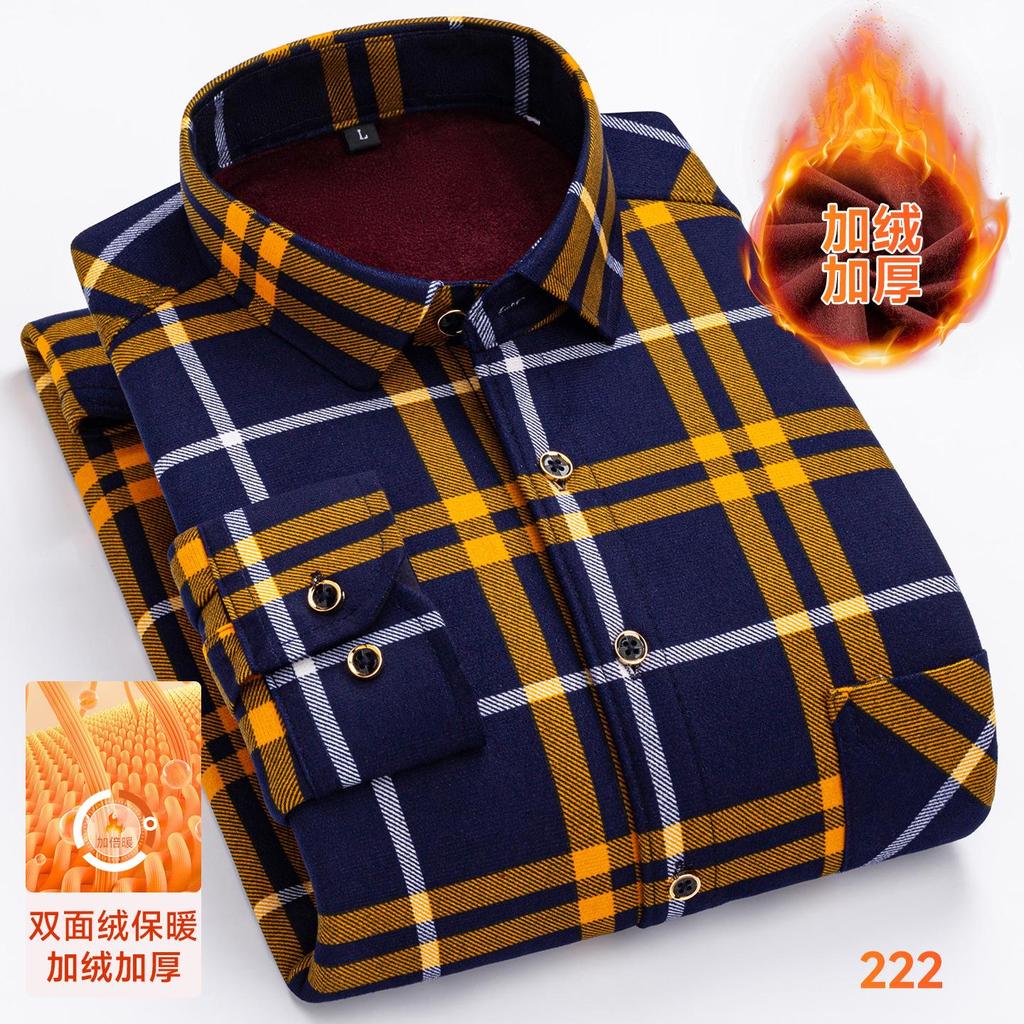 Thickened Long Sleeve Men's Shirt Winter Warm Elastic Fleece Lined One Piece Velvet Plaid Dad Clothes Middle Age Shirt