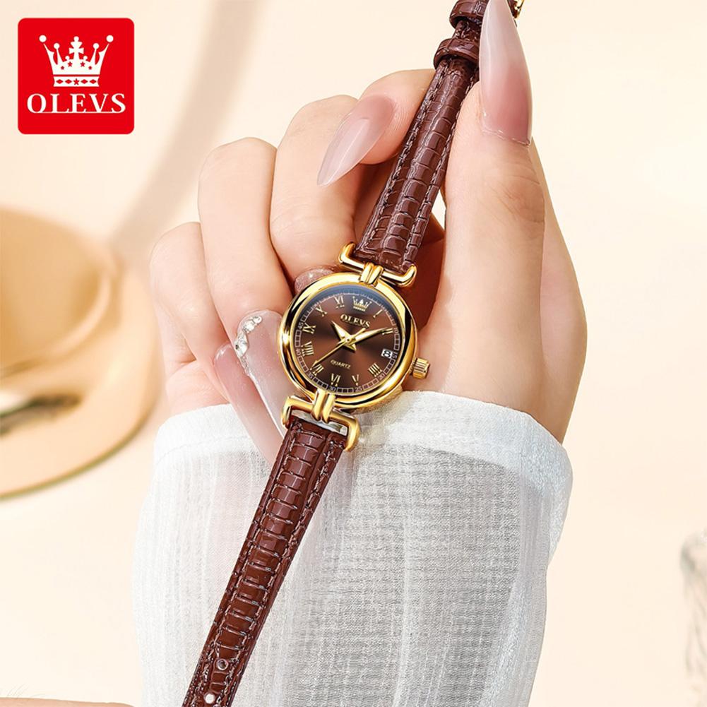 OLEVS Luxury Original Woman Round Watch Brown Small Leather Strap 3ATM Waterproof Date Elegant Quartz Ladies Wristwatch