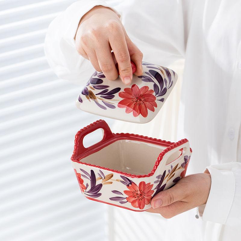 Ceramic Covered Bowl Hand-painted Candy Snack Storage with Lid Bead Point Baking Bowl Rice Bowl