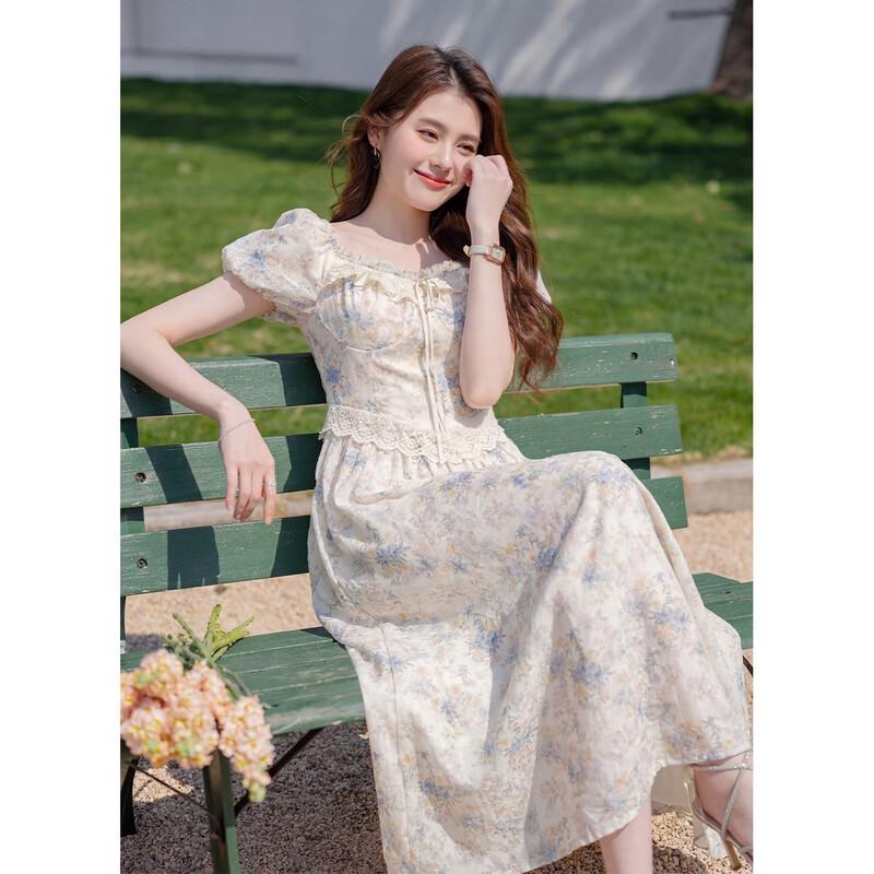 French Design Square Neck Puff Sleeve Maxi Dress M