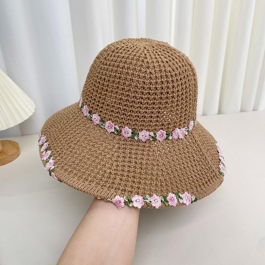 Flower sun hat women's summer versatile idyllic hollow straw bucket hat big eaves beach hat