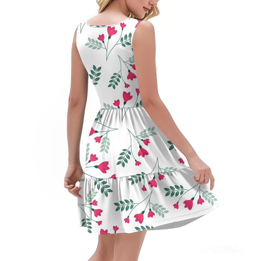 Women's Summer Fashion Casual V-neck Pleated Stitching Small Floral Print Sleeveless Vest Dress With Pockets