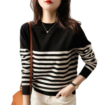 LrisIuza Ech Striped Knit Crew Long Ribbed Knit Stylish Plus Sizes Loose Korean Solid Perfect for Commuting Women's Sweater, Neck, Sleeve, Sweater,