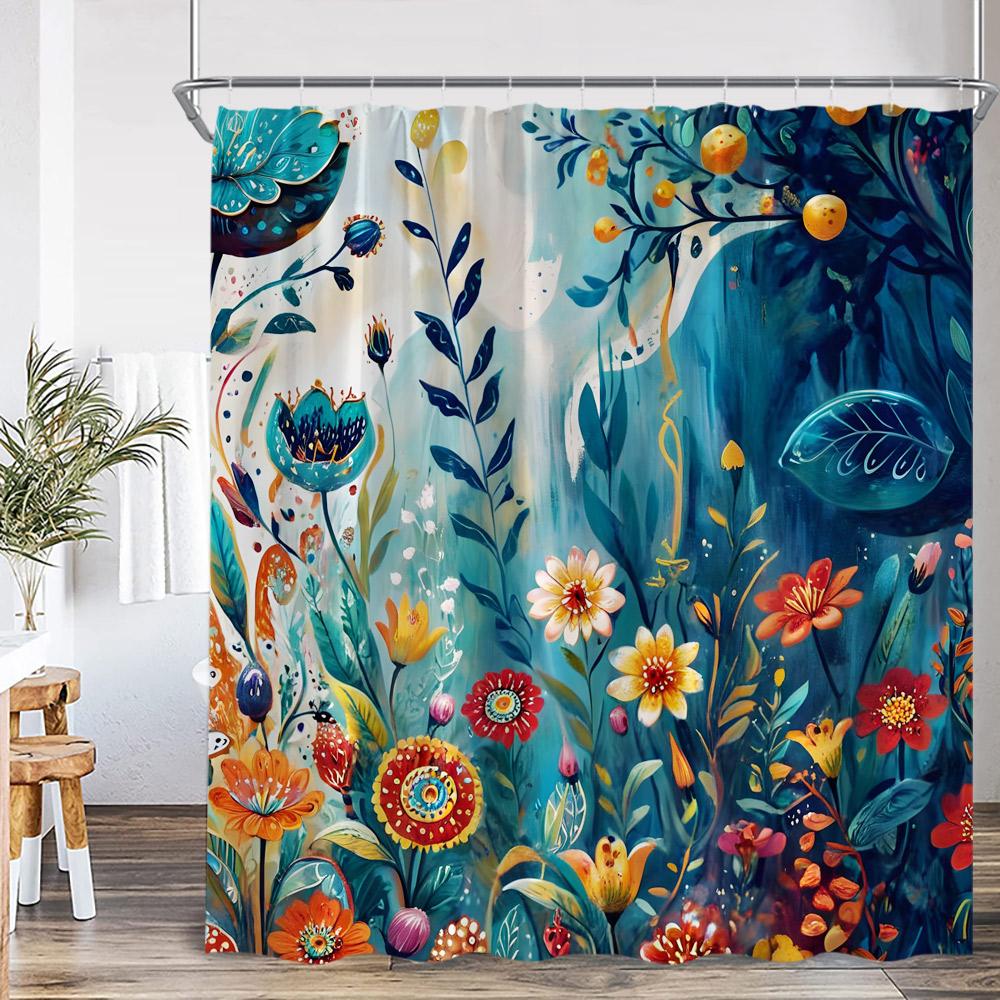 Colorful Boho Floral Shower Curtain Oil Painting Flowers Green Leaf Plant Spring Bathroom Decor Retro Polyester Bathtub Curtain