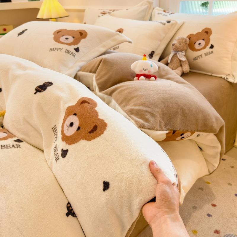 Thickened Milk Fleece Four-Piece Set Double-Sided Fleece Quilt Cover Coral Flannel Bed Sheet Quilt Cover Three-Piece Set Of Bed Hat