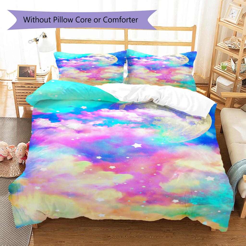 Galaxy Moon Pattern Bedding Quilt Set Quilt Cover Pillowcase Home Decoration Gift (1 * Duvet Cover + 2 * Pillowcase, Without Core)